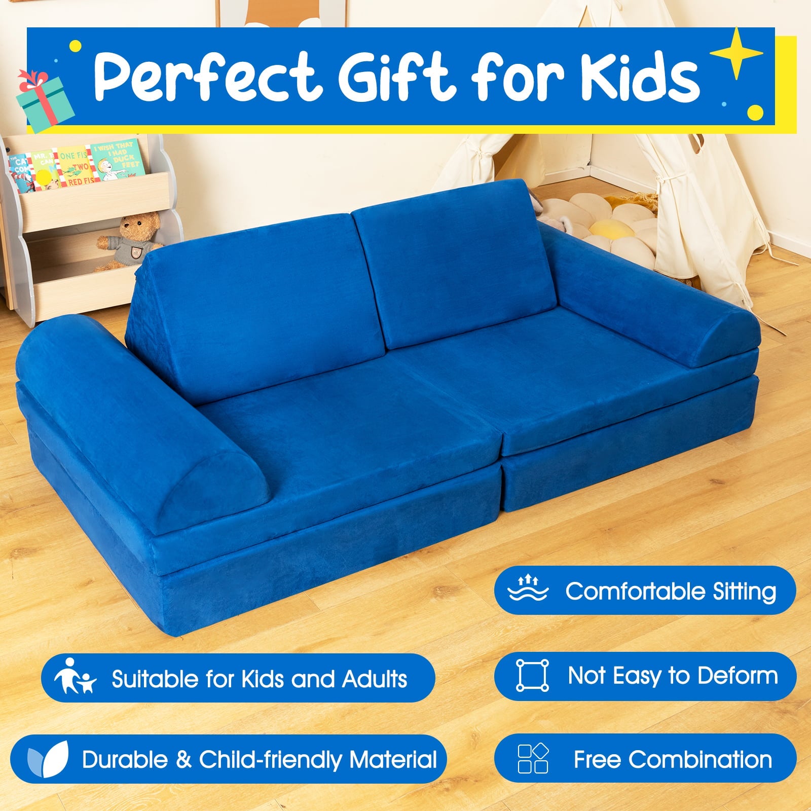 6 Pieces Modular Convertible  Kids Play Couch Sofa-Blue