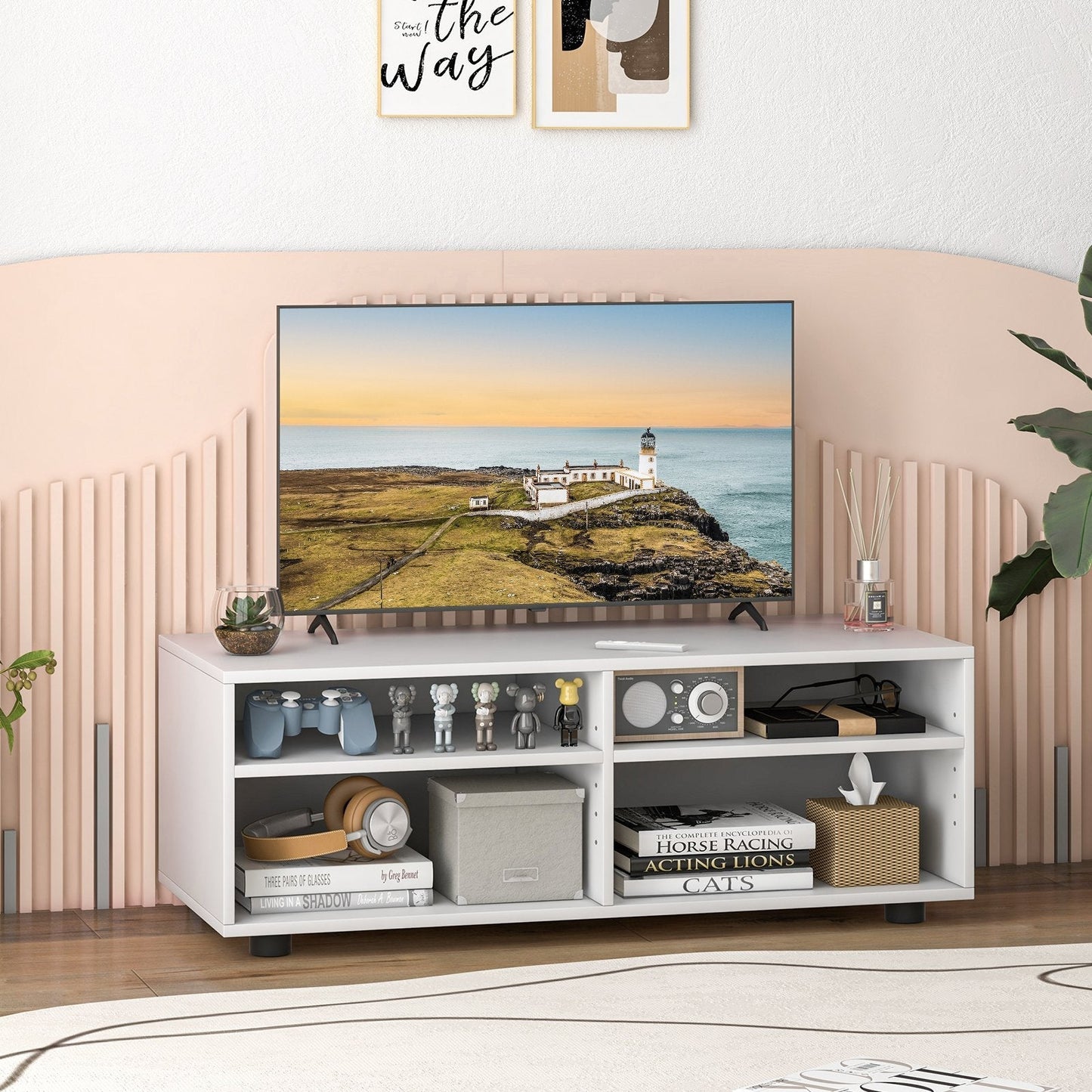 Home TV Stand with 5 Positions Adjustable Shelves for TV up to 4 Cubbies-White