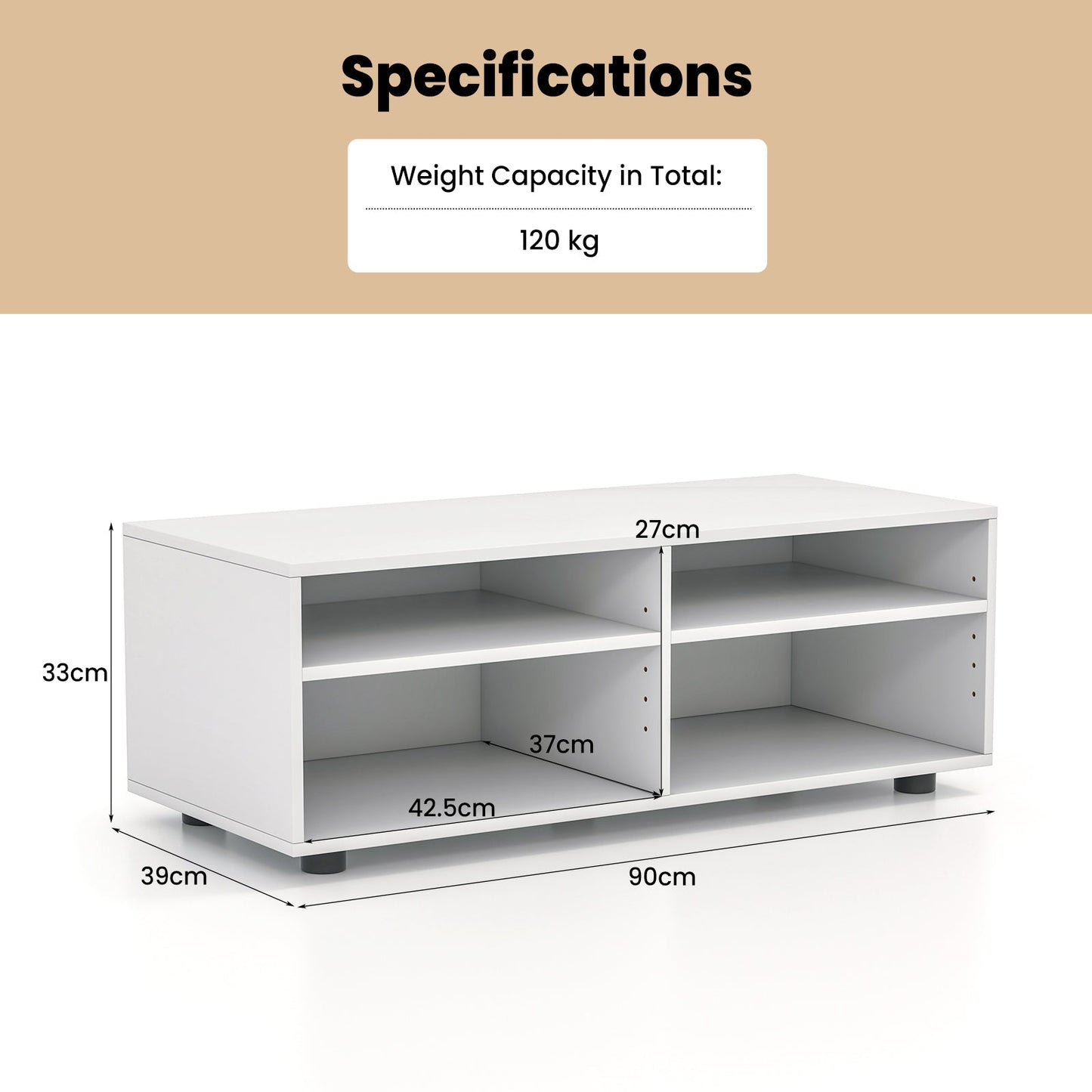 Home TV Stand with 5 Positions Adjustable Shelves for TV up to 4 Cubbies-White