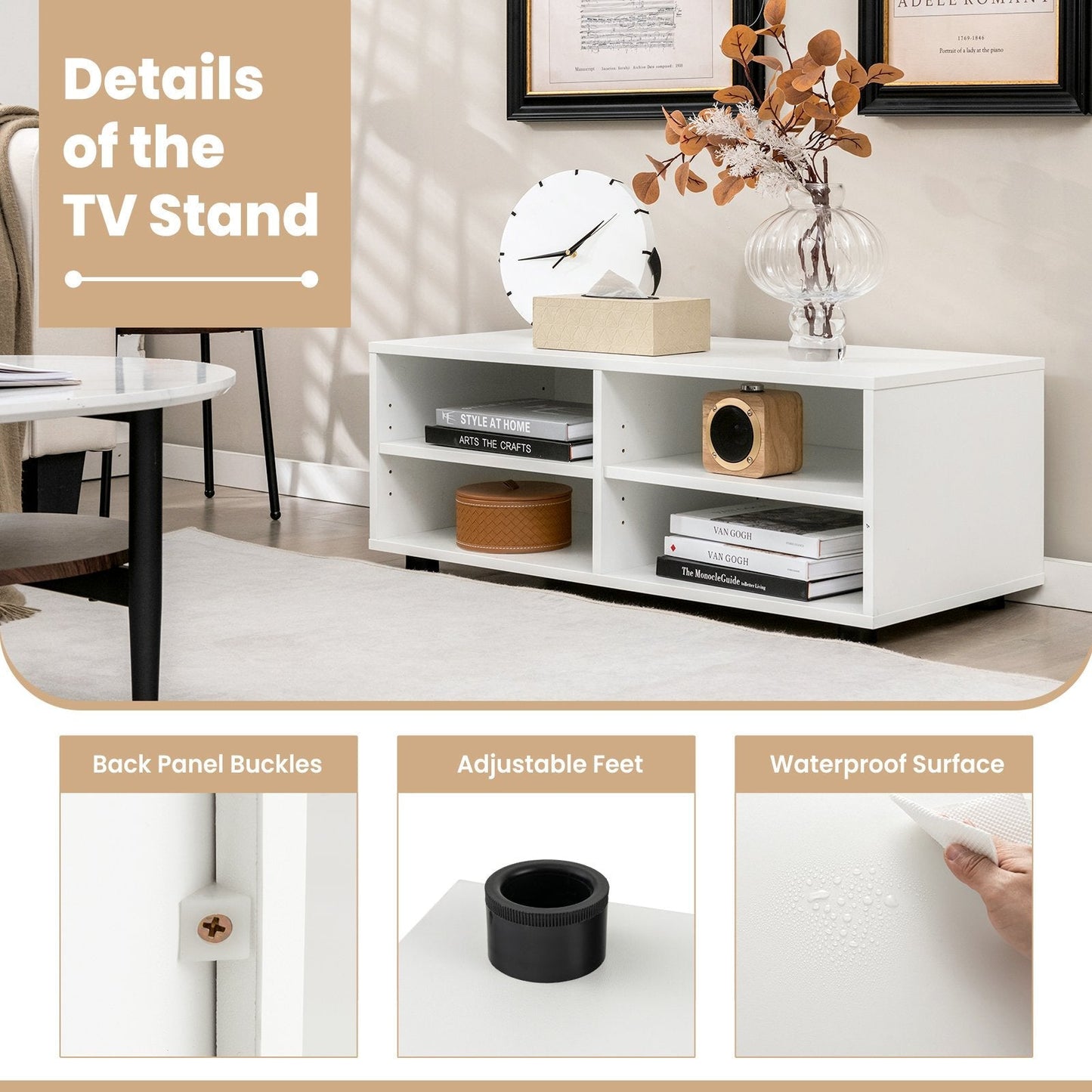 Home TV Stand with 5 Positions Adjustable Shelves for TV up to 4 Cubbies-White