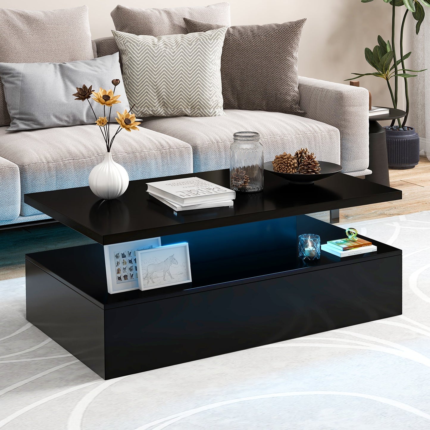 Modern 2-tier High Glossy Black Coffee Table with Adjustable Light Colors-Black