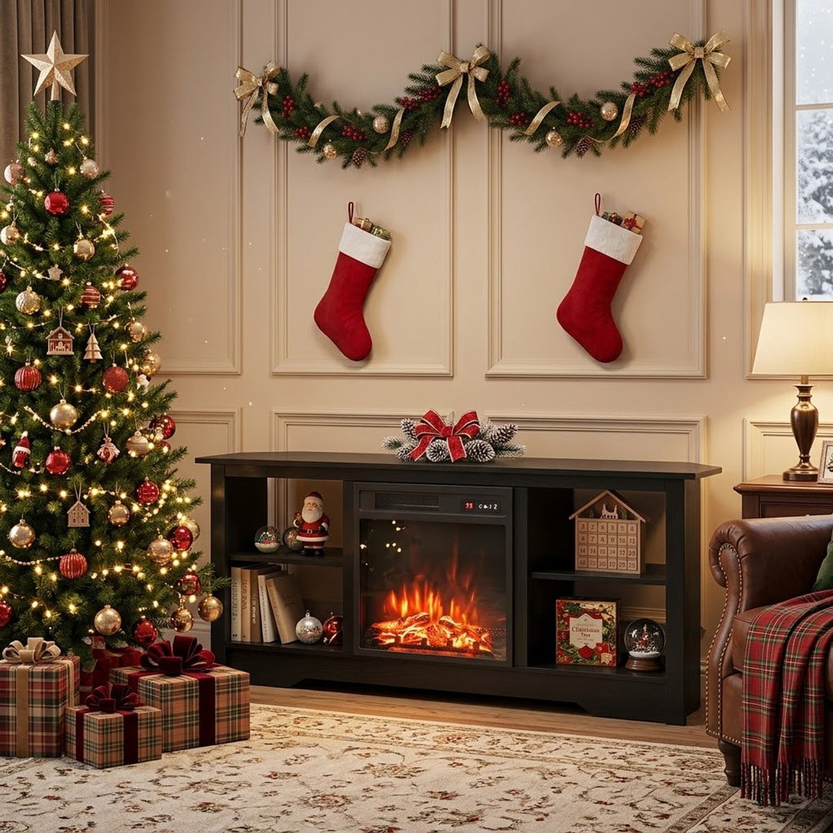 Electric Fireplace and TV Stand Bundle with Open Storage Shelves-Black
