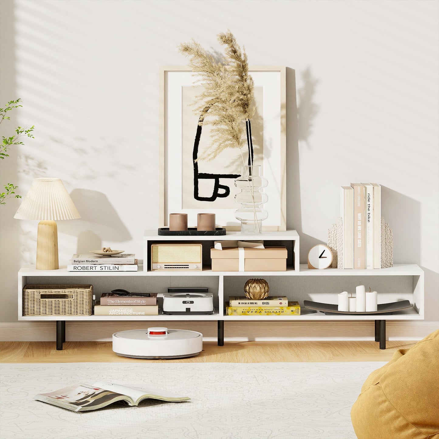 3 Cubby TV Stand Entertainment Center with Compartments-White