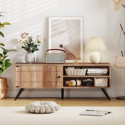 Mid Century Modern Entertainment Center with Cable Hole and Raised Legs-Oak