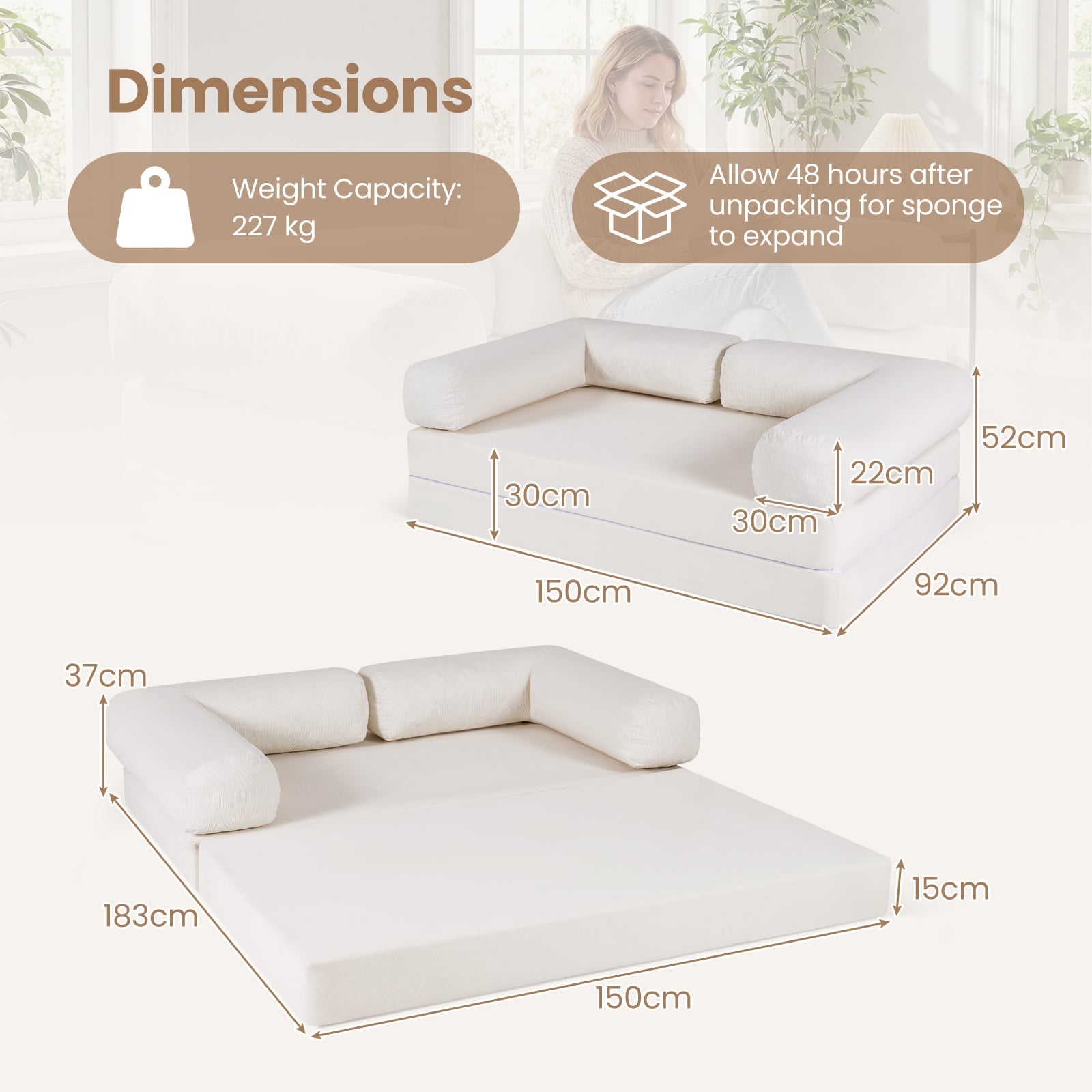 Folding Sofa Bed 4-in-1 Convertible Futon Couch with Comfy Corduroy Cover-Beige