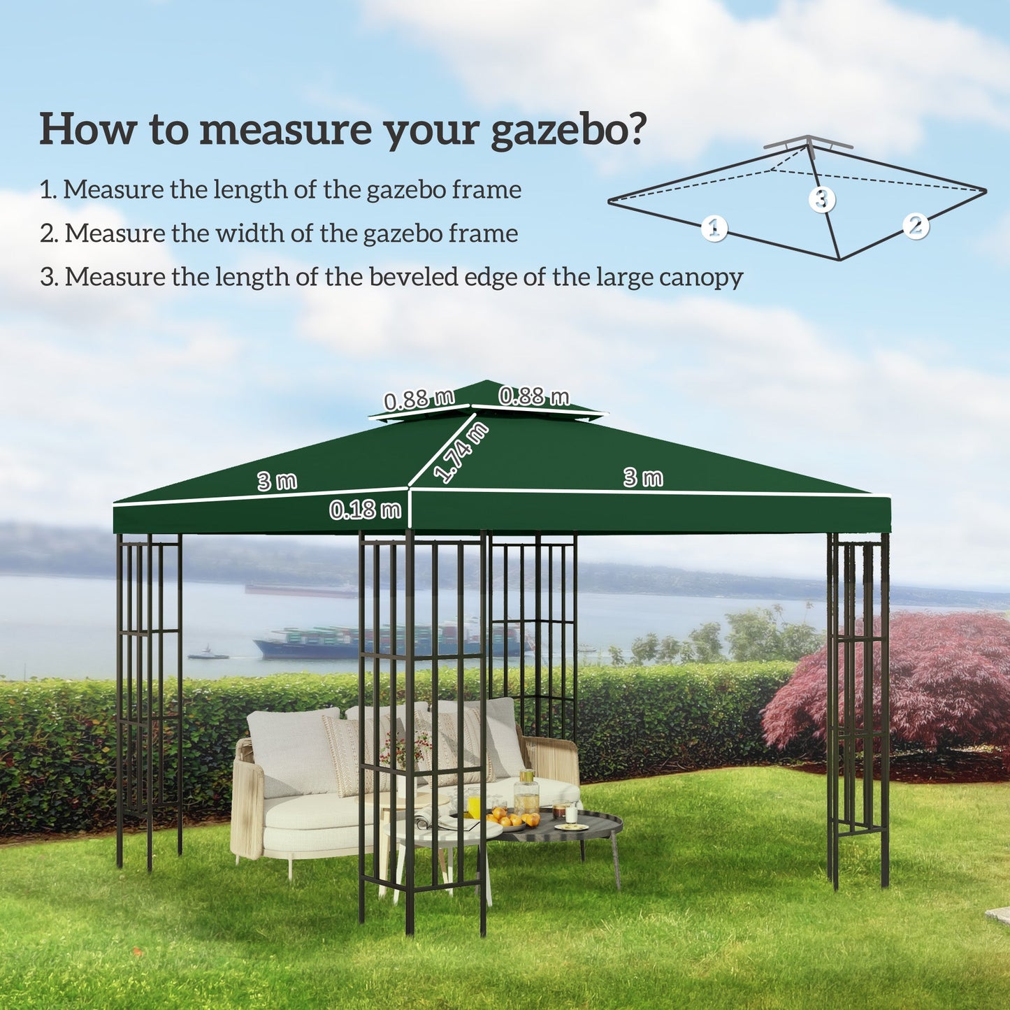 Outsunny 3(m) Gazebo Top Cover Double Tier Canopy Replacement Pavilion Roof Dark Green