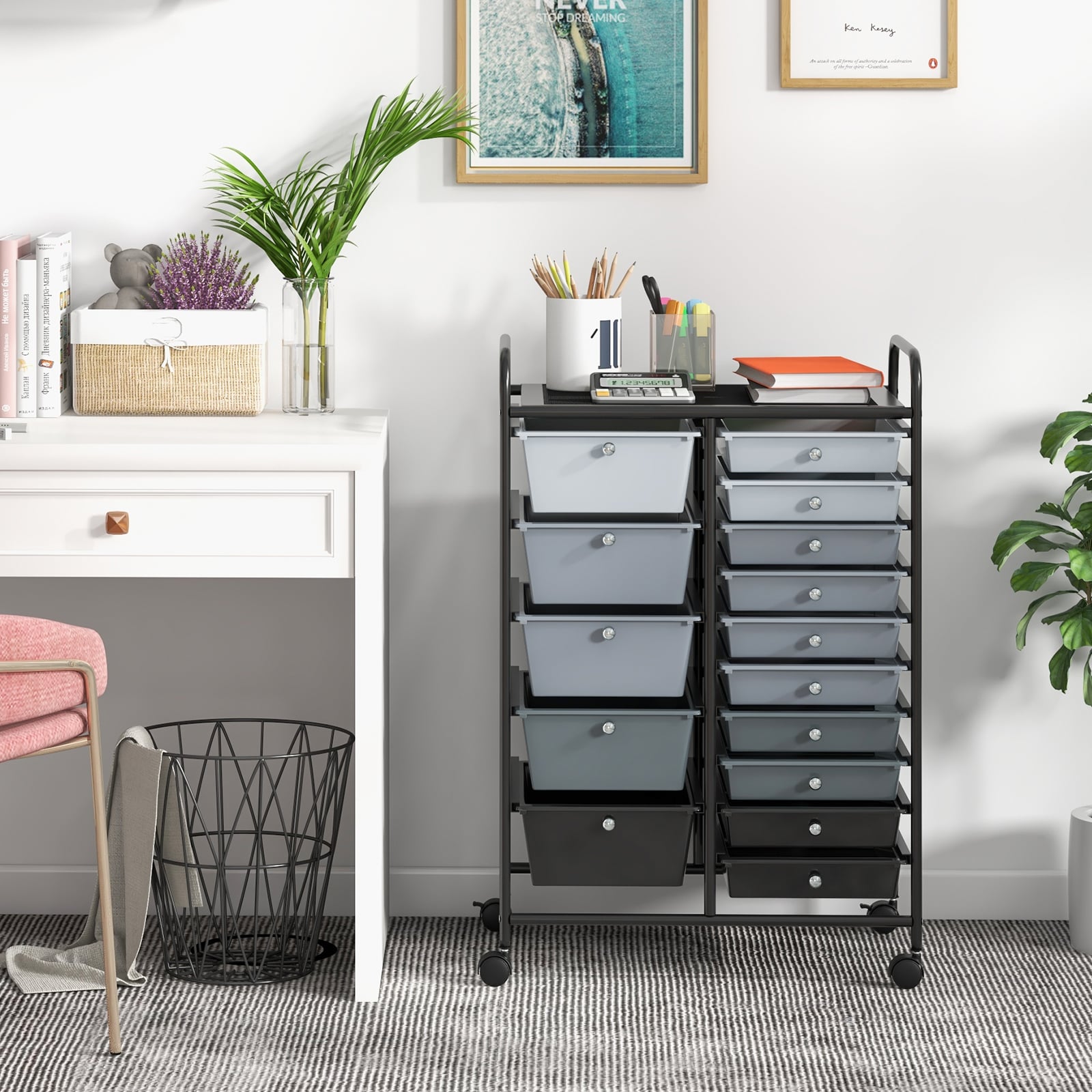15 Drawer Rolling Storage Cart with 4 Wheels for Beauty Salon-Light Grey