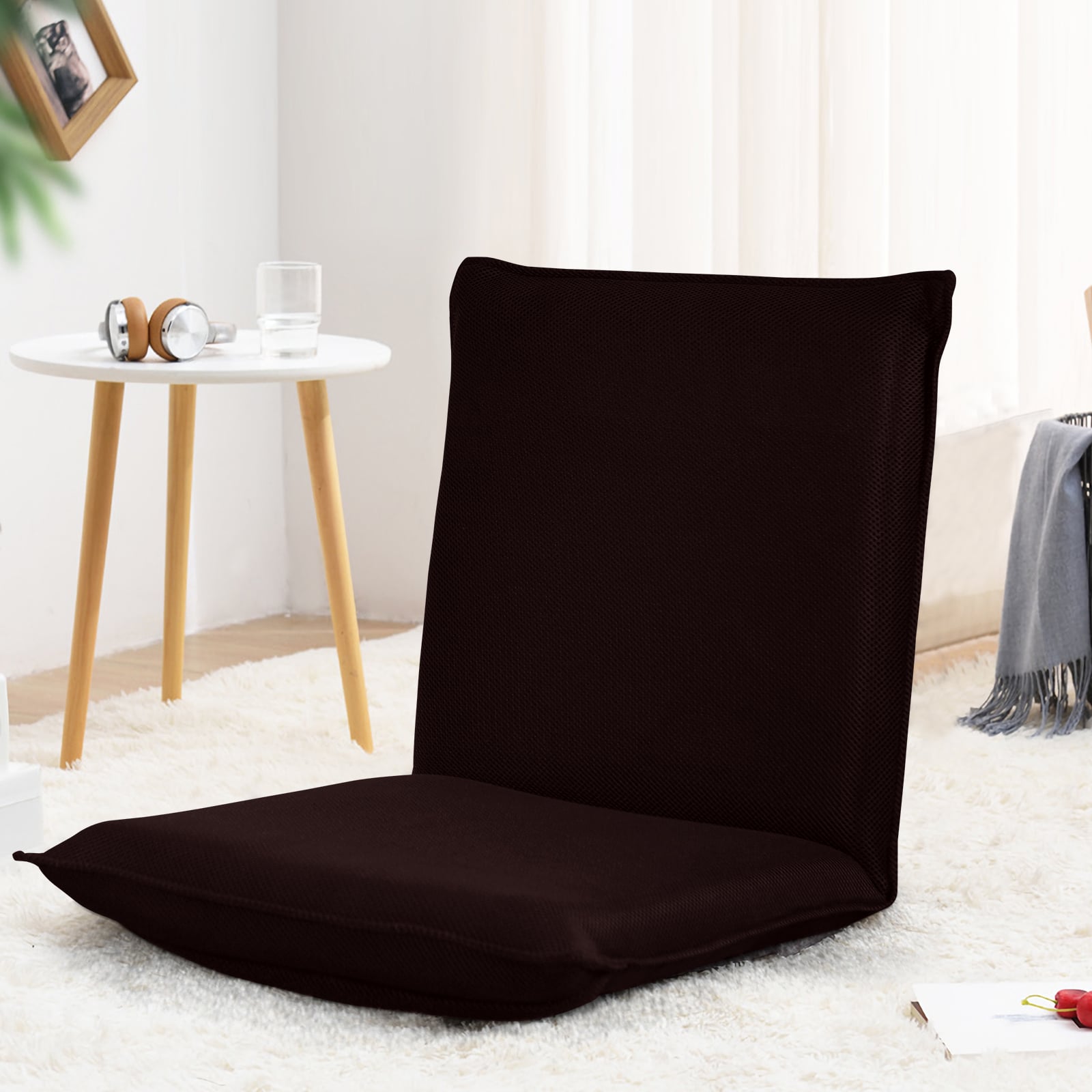 Folding Floor Chair with Reclining Function and 6 Adjustable Positions-Coffee