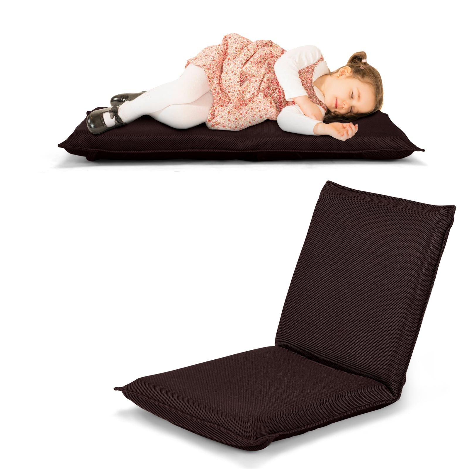 Folding Floor Chair with Reclining Function and 6 Adjustable Positions-Coffee