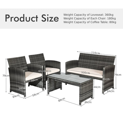 4 Pieces Patio Furniture Set with Cushions and Coffee Table-White