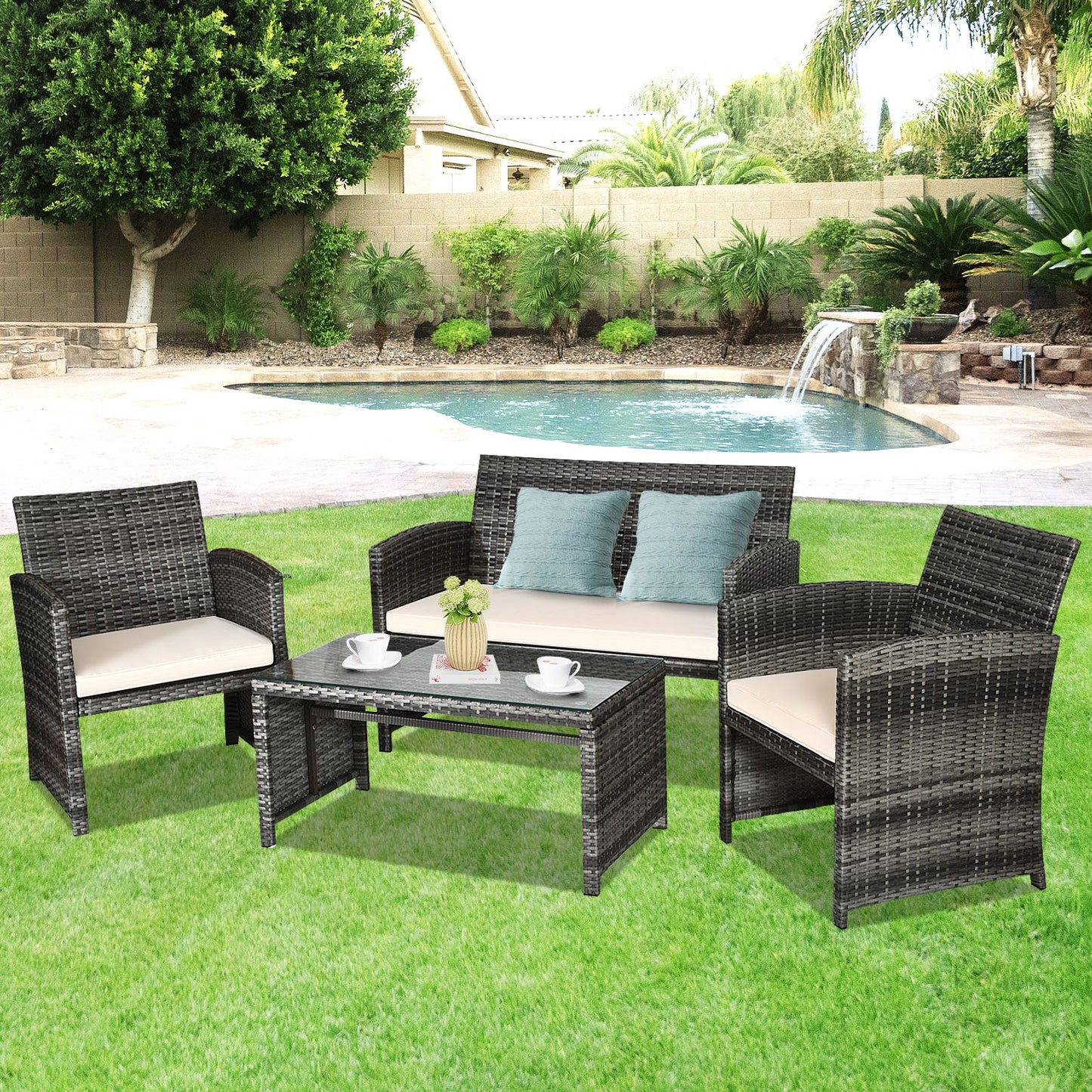 4 Pieces Patio Furniture Set with Cushions and Coffee Table-White