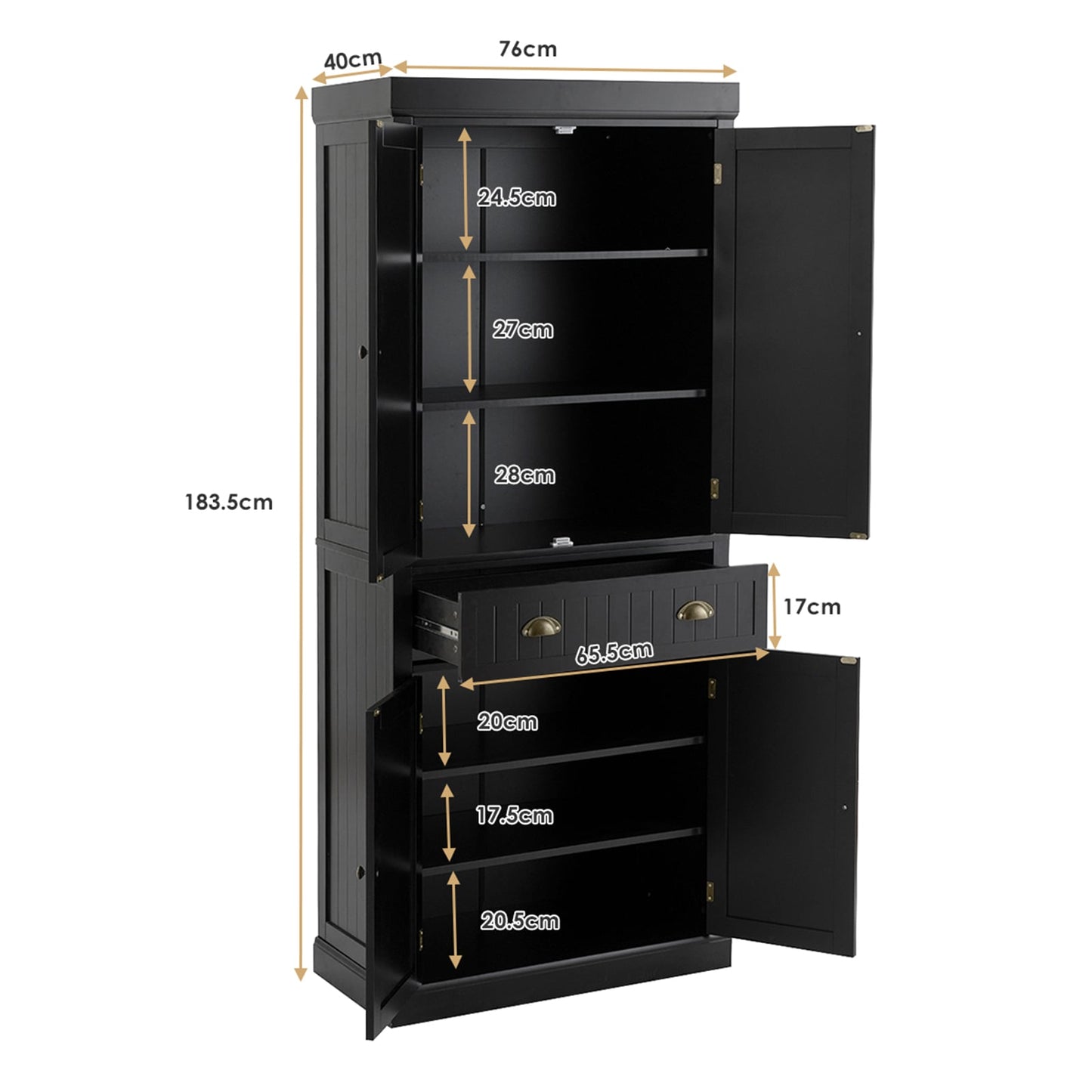 4-Door Tall Kitchen Cupboard Adjustable Shelves and Drawer-Black