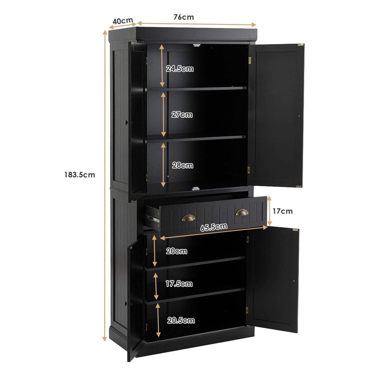4-Door Tall Kitchen Cupboard Adjustable Shelves and Drawer-Black