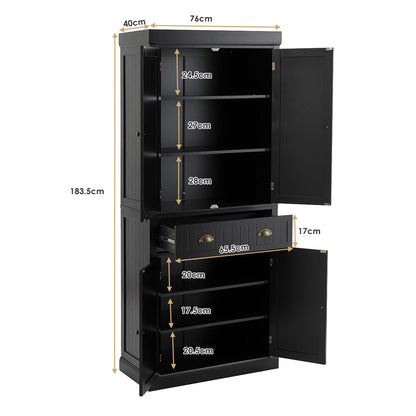 4-Door Tall Kitchen Cupboard Adjustable Shelves and Drawer-Black