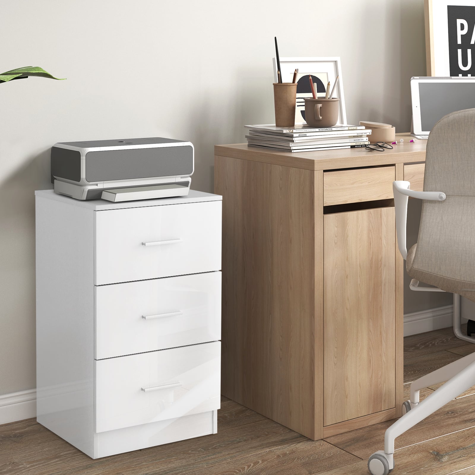 3-Drawer Wooden Dresser Cabinet with Anti-Toppling Device-White