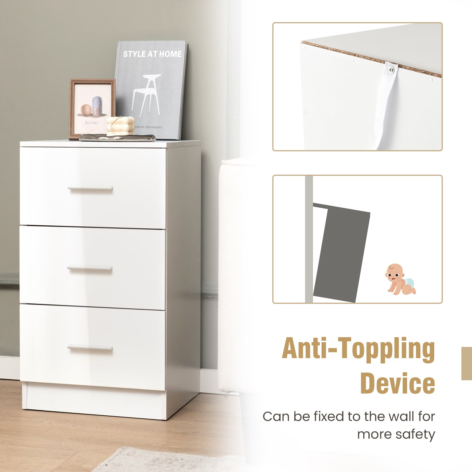 3-Drawer Wooden Dresser Cabinet with Anti-Toppling Device-White