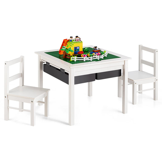 Kids Table and Chairs Set with Building Block Tabletop and Drawers-White