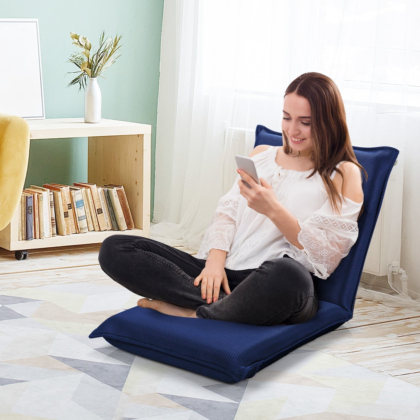 Folding Floor Chair with Reclining Function and 6 Adjustable Positions-Navy