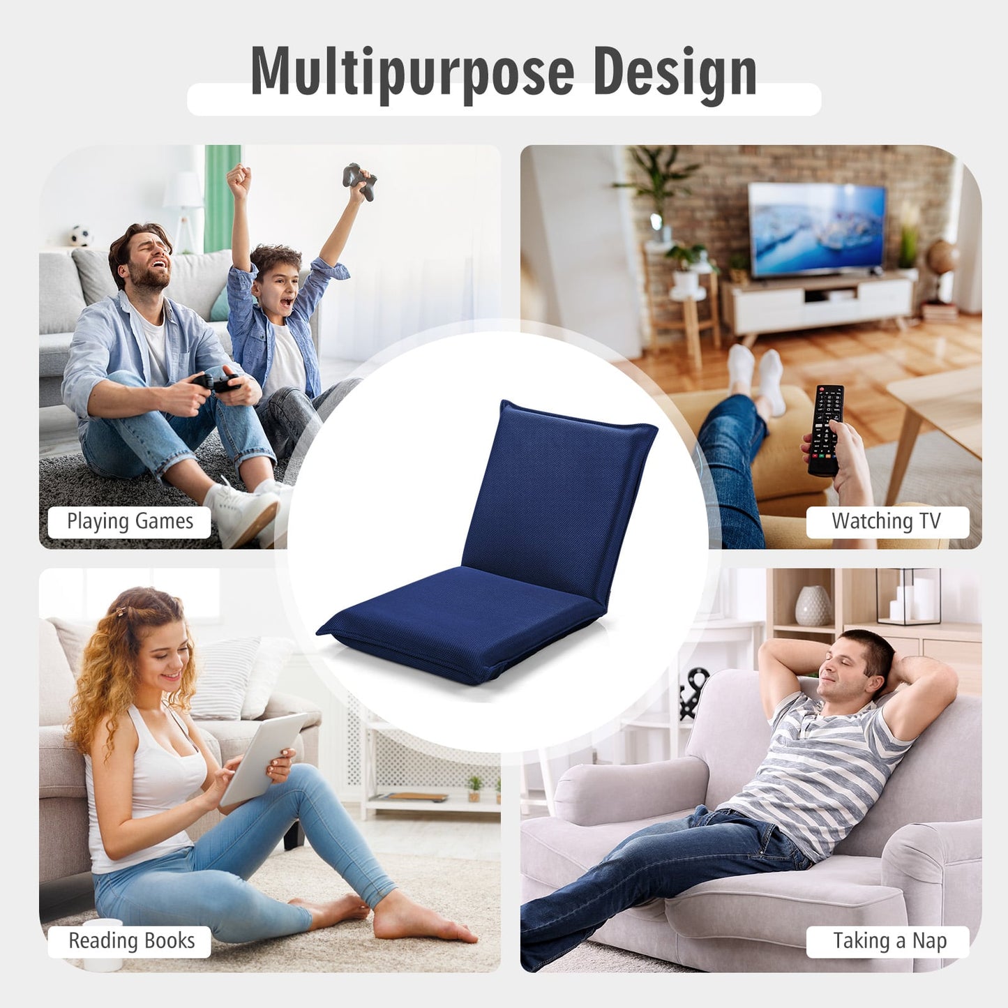 Folding Floor Chair with Reclining Function and 6 Adjustable Positions-Navy