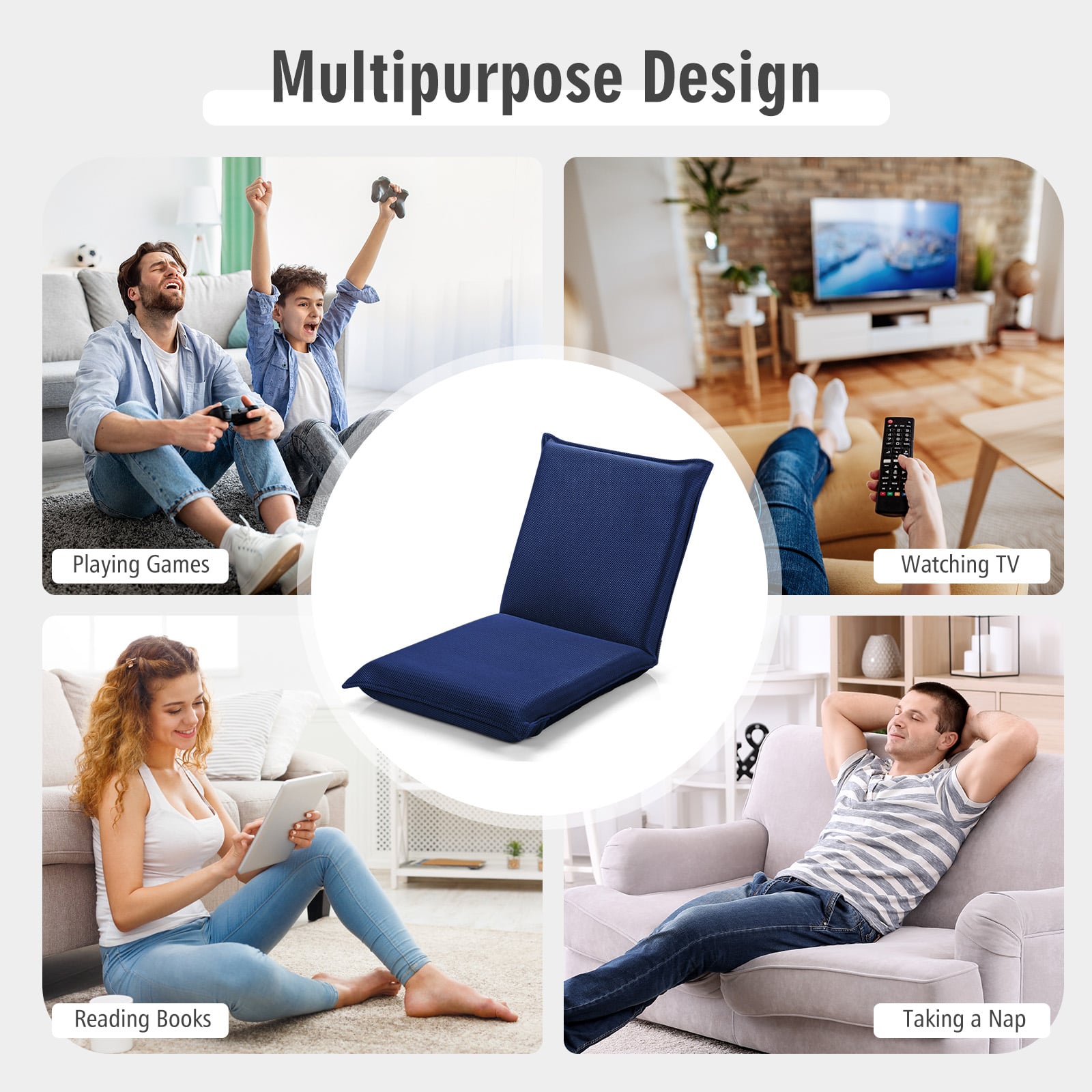 Folding Floor Chair with Reclining Function and 6 Adjustable Positions-Navy