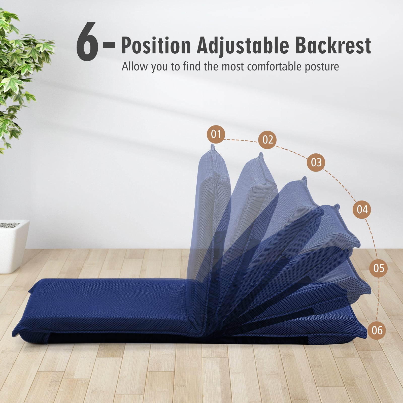 Folding Floor Chair with Reclining Function and 6 Adjustable Positions-Navy