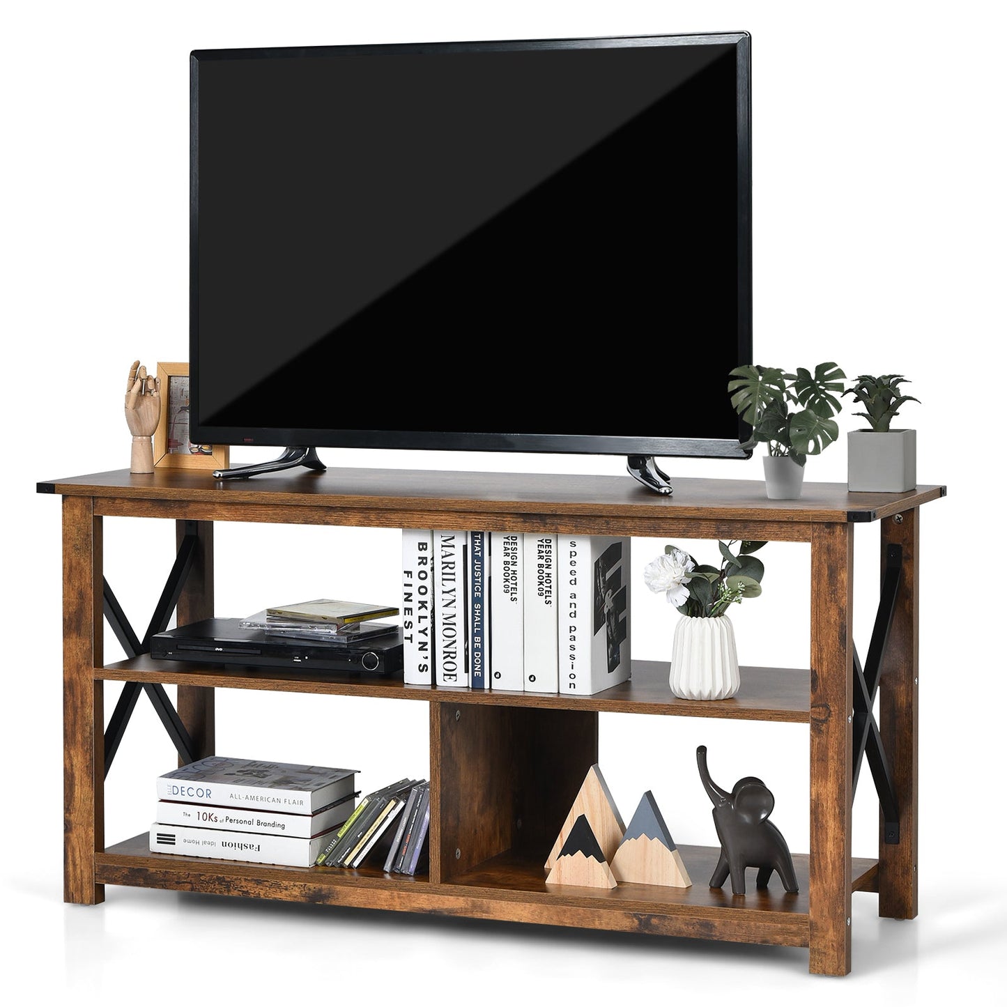 3-Tier Rustic TV Stand with Open Shelves and Cable Management-Brown