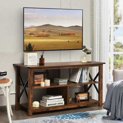 3-Tier Rustic TV Stand with Open Shelves and Cable Management-Brown