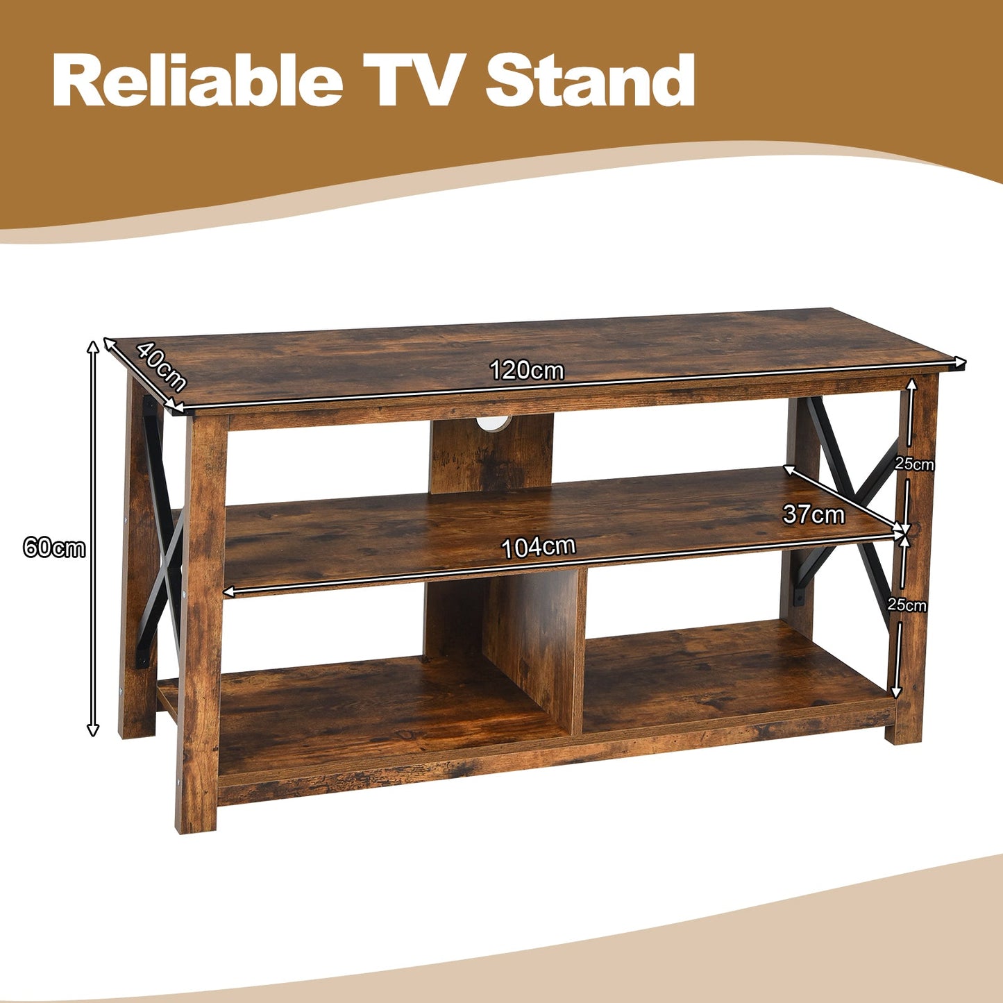 3-Tier Rustic TV Stand with Open Shelves and Cable Management-Brown