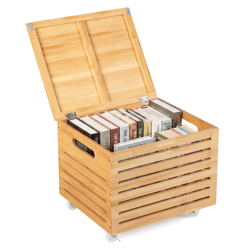 Bamboo Rolling Storage Box with 4 Wheels and Lid for Home-Natural