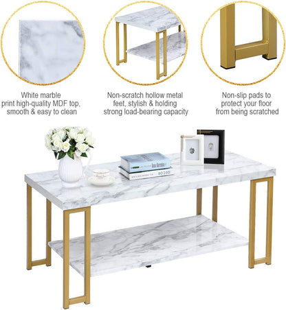 2-Tier Marble Print Coffee Table with MDF Top and Gold Print Metal Frame