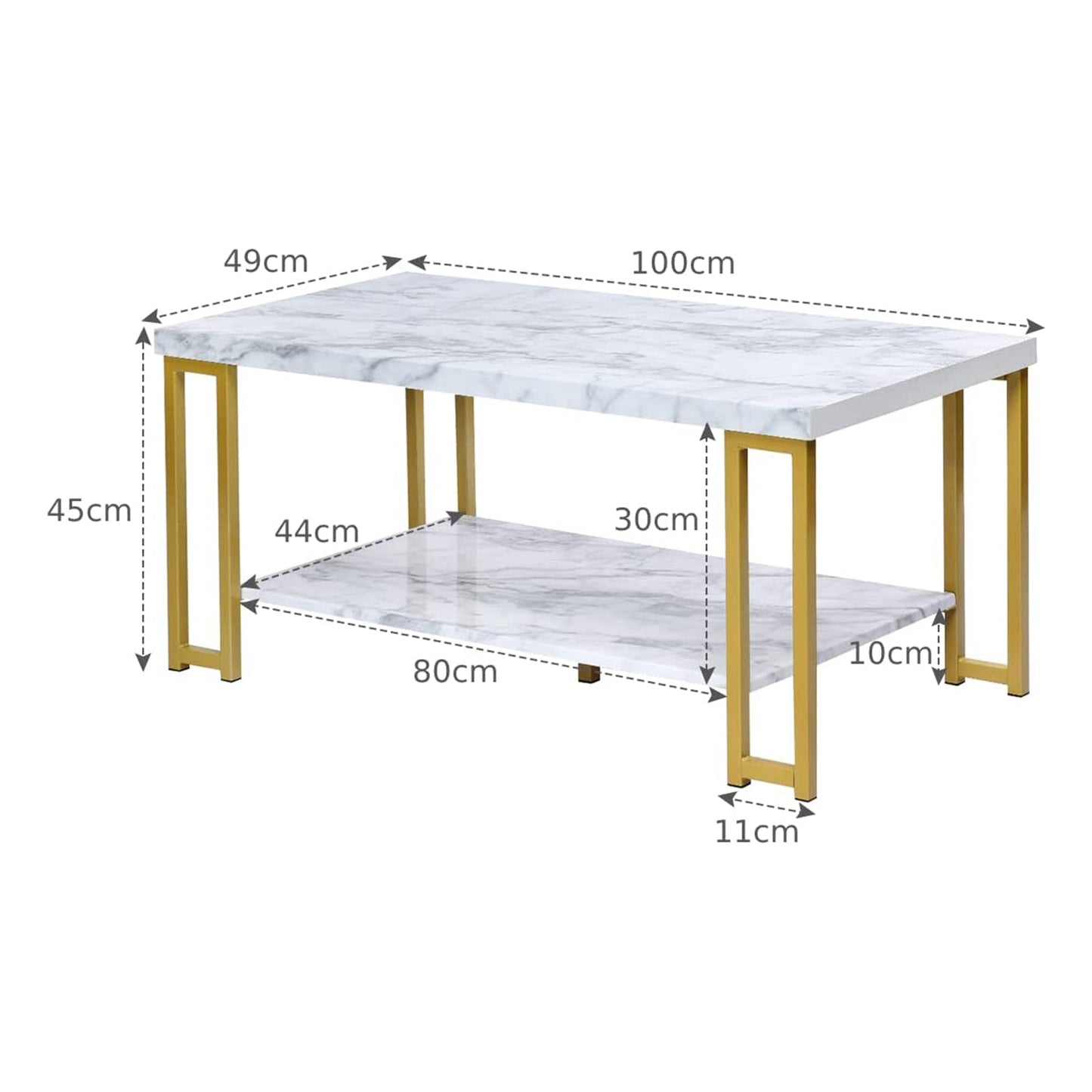 2-Tier Marble Print Coffee Table with MDF Top and Gold Print Metal Frame