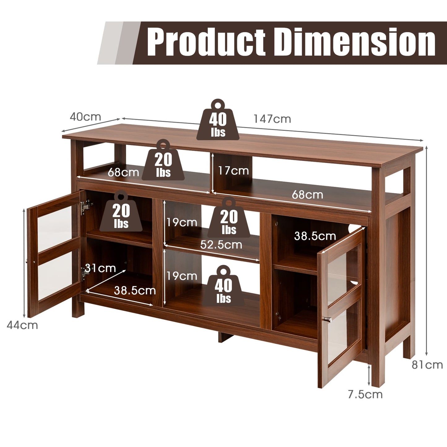 Living Room Console Table for TVs with Wooden Fireplace and 2 Cabinets -Brown