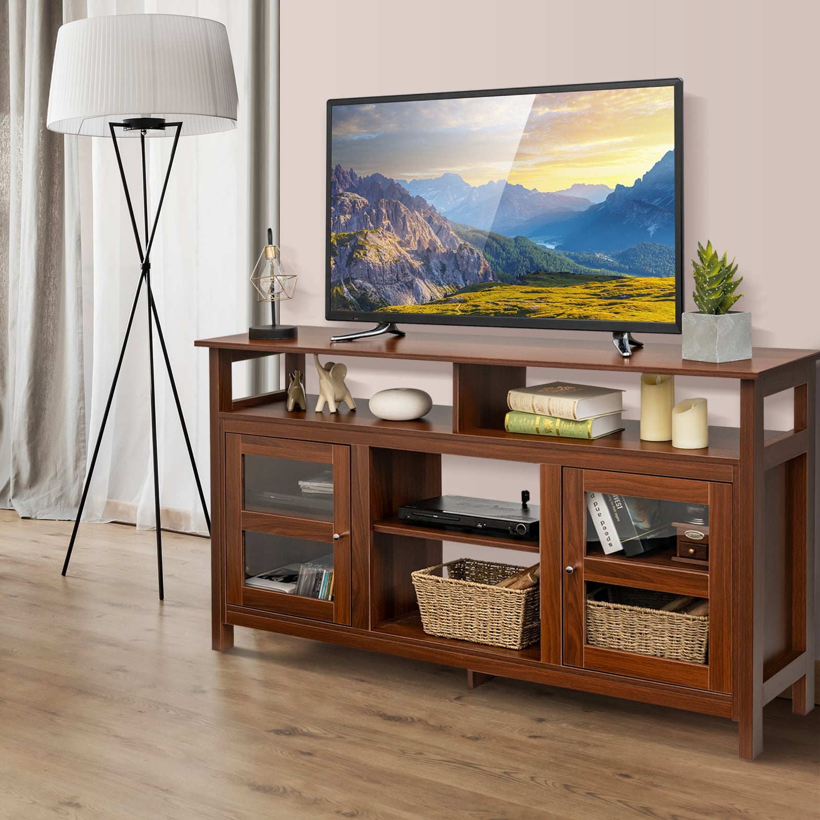 Living Room Console Table for TVs with Wooden Fireplace and 2 Cabinets -Brown