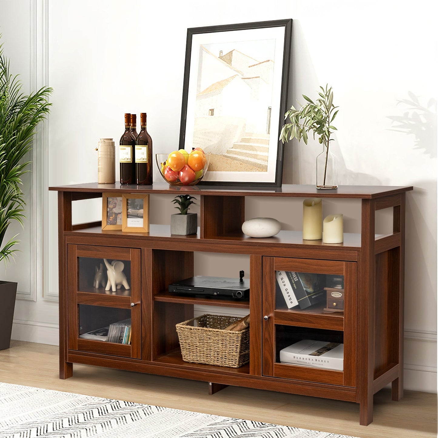 Living Room Console Table for TVs with Wooden Fireplace and 2 Cabinets -Brown