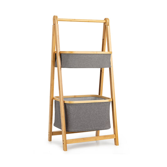 Bamboo Laundry Basket with Fabric Storage Bins-Natural
