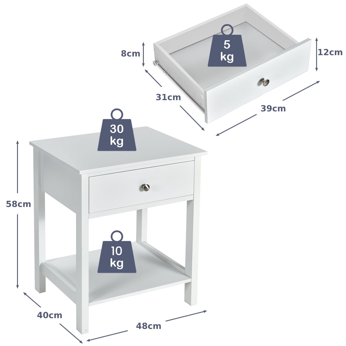 2 Pieces Wooden Nightstand with Drawer and Storage Shelf-White