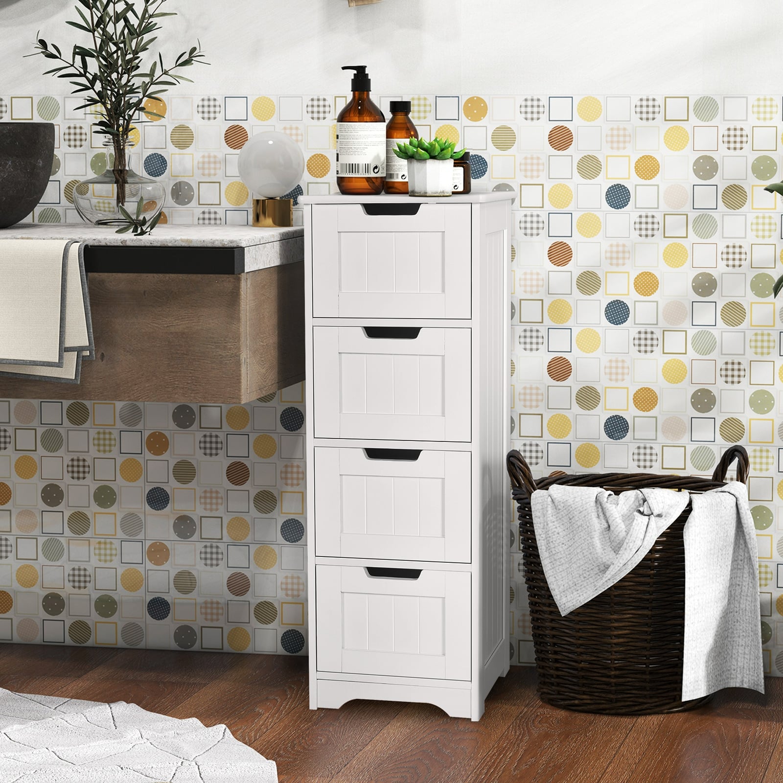 Floor Storage Cabinet Freestanding Bathroom Cabinet with 4 Drawers-White