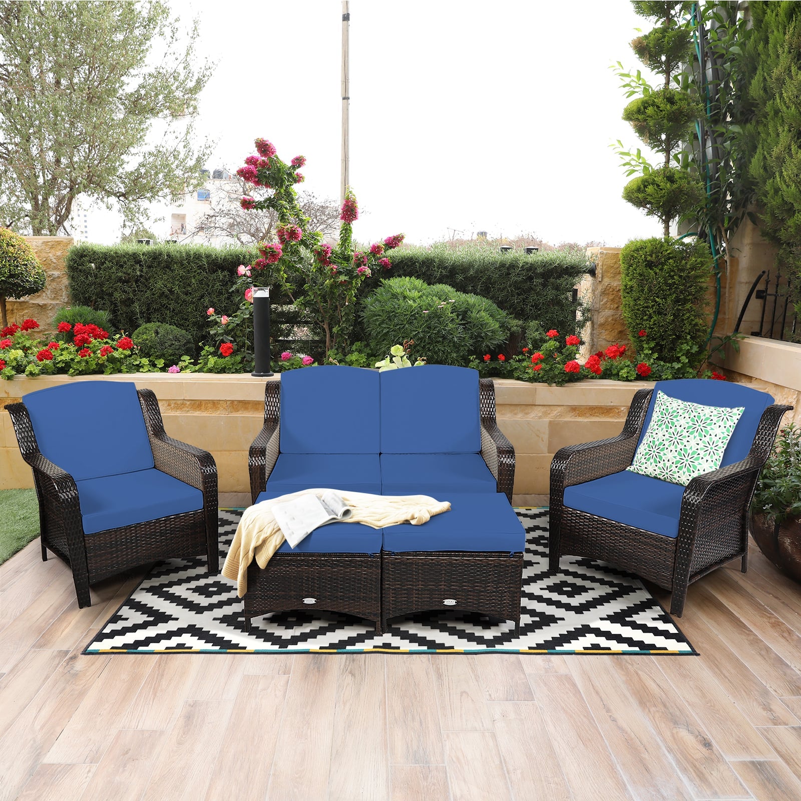 5 Pieces Patio Furniture Set with Removable Cushions and Loveseat-Navy