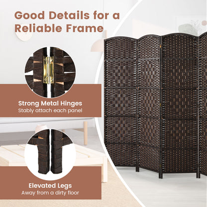 6 Panel Folding Room Divider with Hand-Woven Wicker for Home Office-Brown