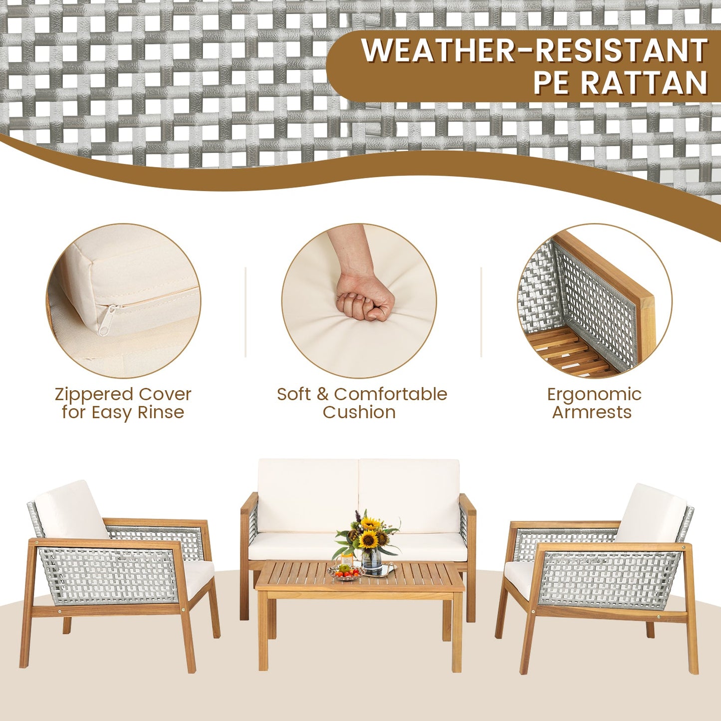 4 Pieces Wicker Patio Furniture Set with Loveseat Coffee Table and Chairs-White