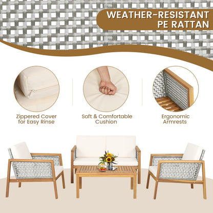 4 Pieces Wicker Patio Furniture Set with Loveseat Coffee Table and Chairs-White