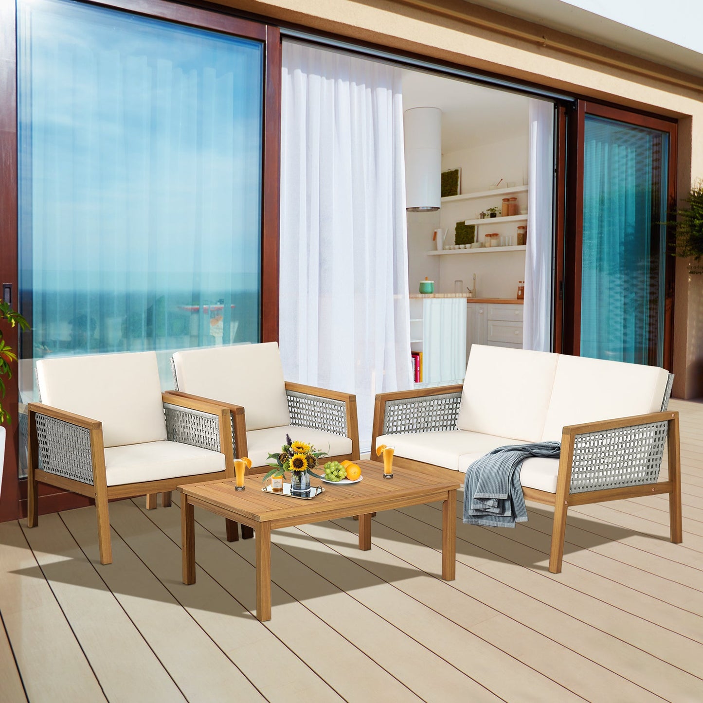 4 Pieces Wicker Patio Furniture Set with Loveseat Coffee Table and Chairs-White