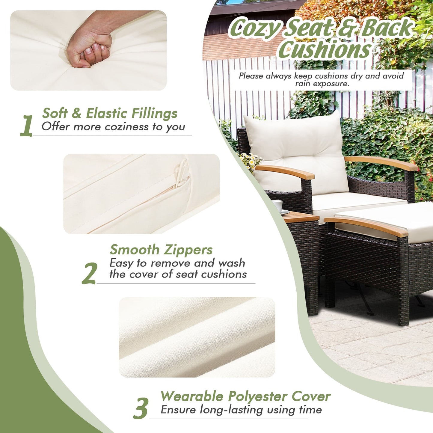 5 Pieces Patio Rattan Furniture Set with Cushions and Ottomans