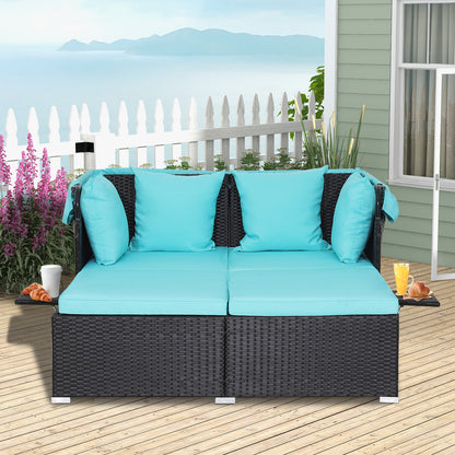 Garden Rattan Daybed with Retractable Canopy and Cushions-Turquoise