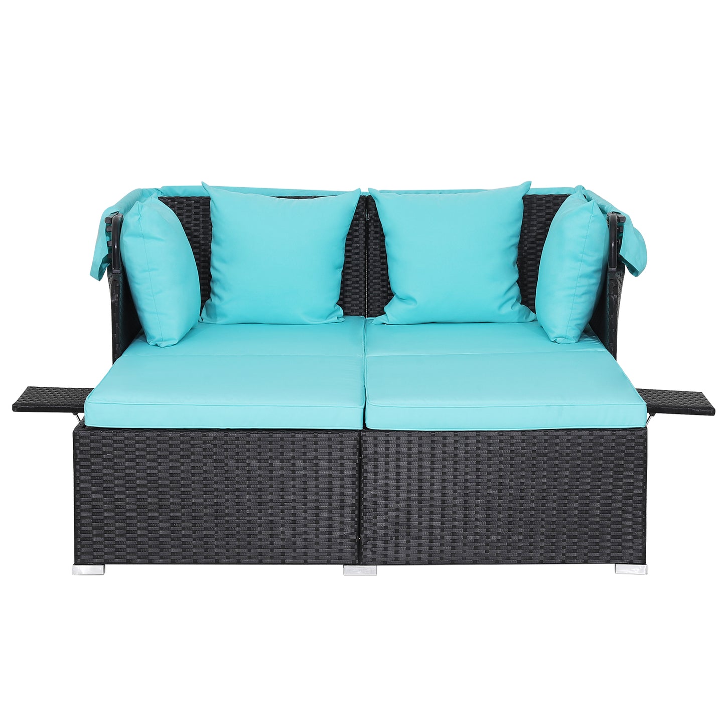 Garden Rattan Daybed with Retractable Canopy and Cushions-Turquoise