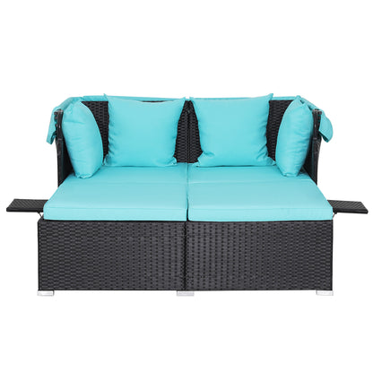 Garden Rattan Daybed with Retractable Canopy and Cushions-Turquoise