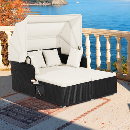 Patio Rattan Daybed with Retractable Canopy and Side Trays and Cushions-White