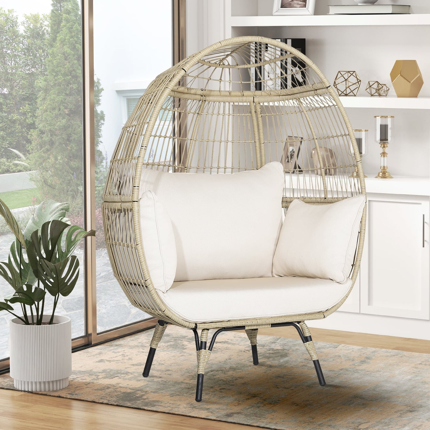 Oversized Rattan Egg Chair with 4 Cushions for Balcony Backyard
