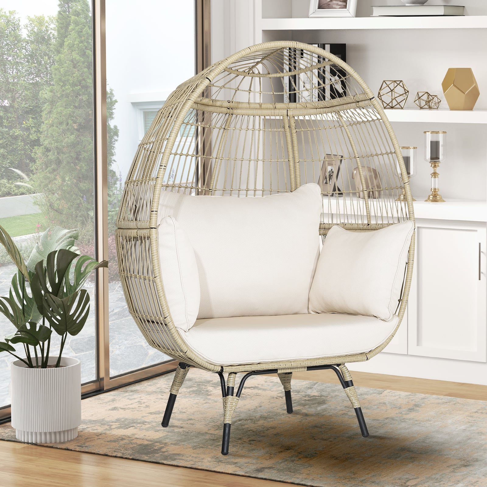 Oversized Rattan Egg Chair with 4 Cushions for Balcony Backyard