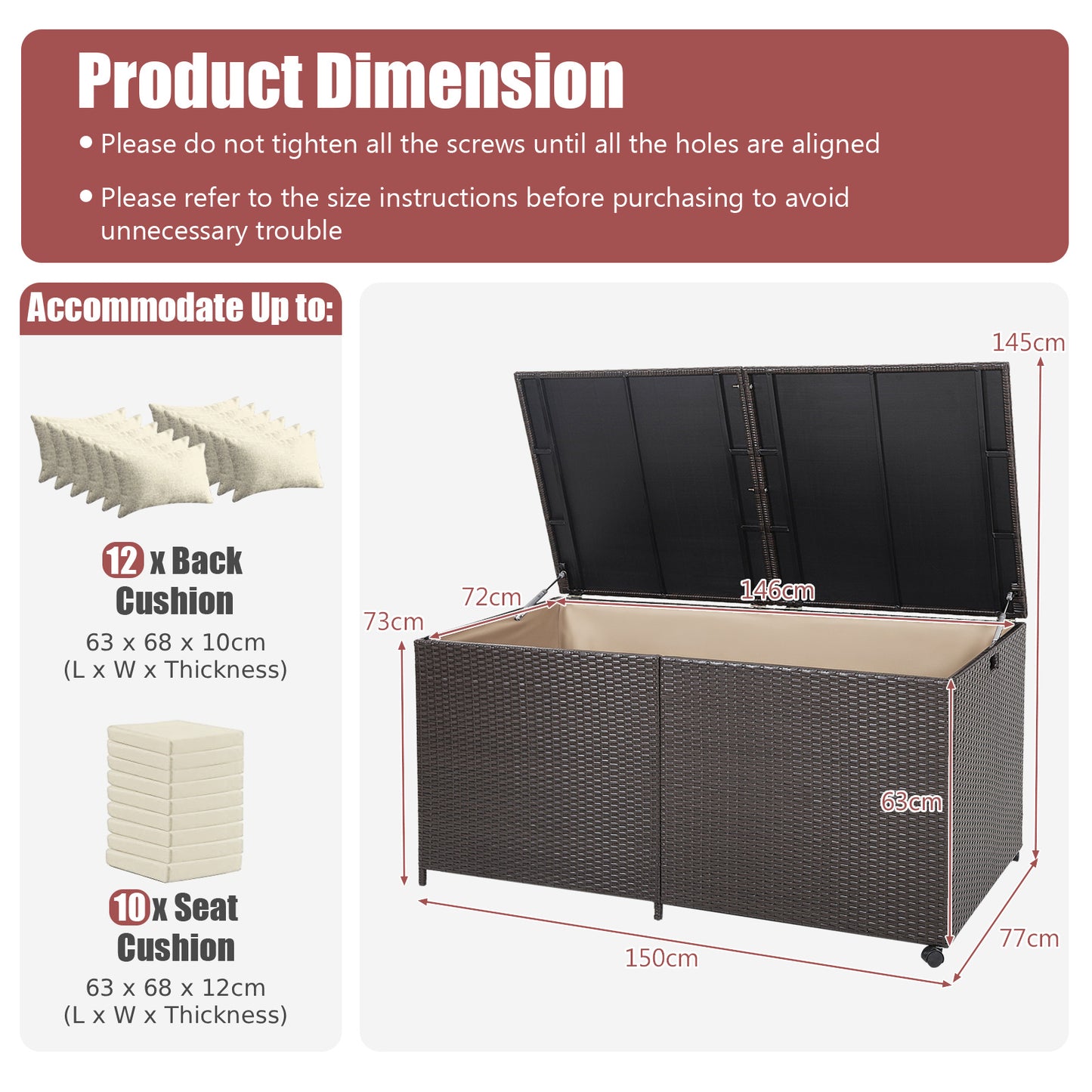 Rectangular PE Wicker Deck Box with Wheels and Zippered Liner for Outdoor-Brown